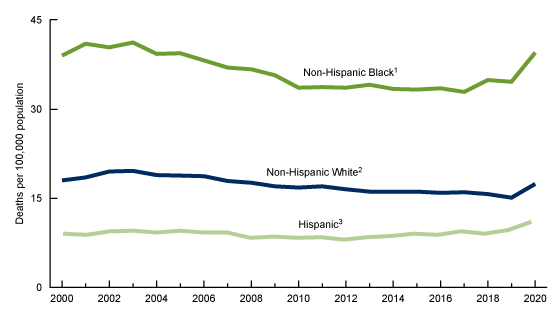 Figure 3 is a line chart showing heart disease death rates for non-Hispanic White, non-Hispanic Black, and Hispanic people aged 25 through 44 for the time period 2000 through 2020.
