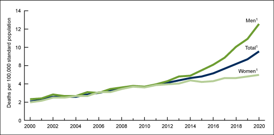 Figure 1 is a line chart showing the age-adjusted drug overdose death rate for adults aged 65 and over by sex in the United States, 2000–2020.