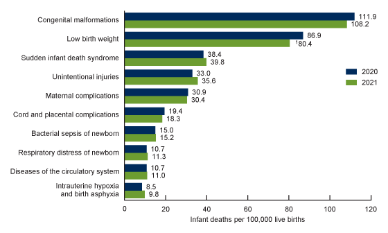 Figure 5 is a bar chart showing infant mortality rates for the 10 leading causes of infant death in 2021 for 2020 and 2021.