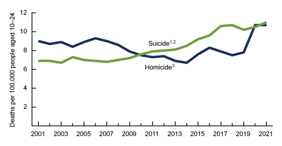 Figure 1 is a line chart of suicide and homicide death rates for people aged 10–24 in the United States, 2001–2021.