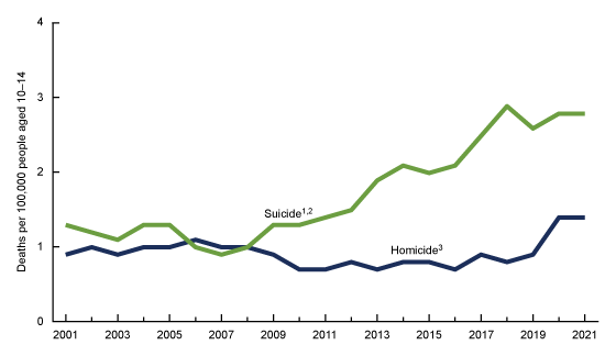  Figure 2 is a line chart of suicide and homicide death rates for people aged 10–14 in the United States, 2001–2021. 