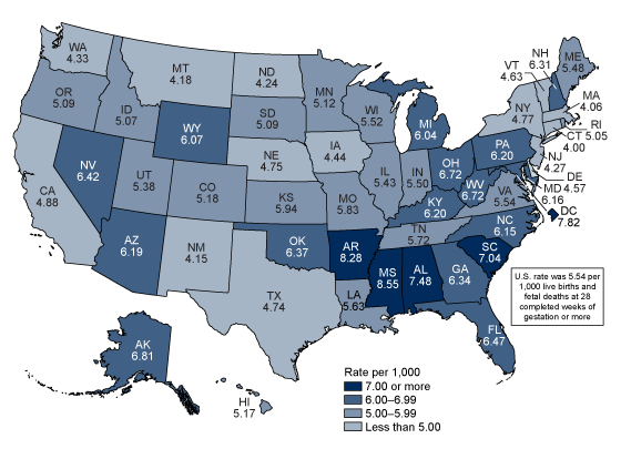 Figure 4 is a U.S. map showing the 2021 perinatal mortality rate of 5.54 and the perinatal mortality rate for each state in 2021. 