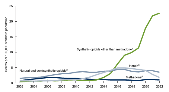 Figure 4 is a line chart showing rates of drug overdose death by type of opioid involved from 2002 through 2022. The chart has four trend lines: synthetic opioids other than methadone, natural and semisynthetic opioids, heroin, and methadone. 
