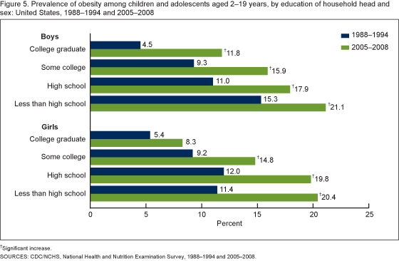 Figure 5 is a bar chart showing the prevalence of obesity among children and adolescents 2-19 years in 1988-1994 and 2005-2008 by sex and education of household head in the United States.