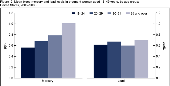 Figure 2 is a bar chart showing geometric mean lead and mercury levels among pregnant women by age group.