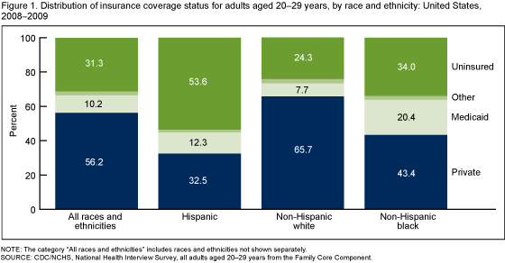 Figure 1 is a bar chart showing the distribution of health insurance status for adults 20 to 29 years of age by race and ethnicity in 2008-2009.