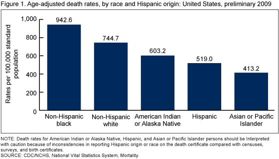Figure 1 is a bar chart showing age-adjusted death rates by race and Hispanic origin for 2009.