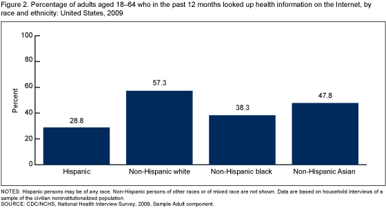 Figure 2 is a bar chart showing percentage of adults aged 18-64 who in the past 12 months looked up health information on the internet, by race and ethnicity for 2009.
