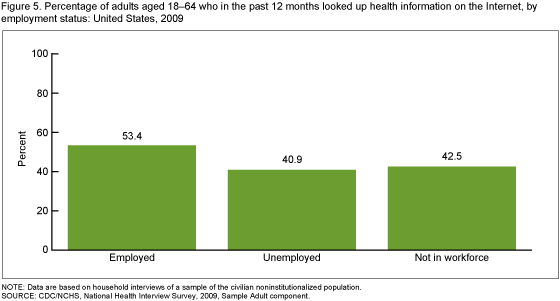 Figure 5 is a bar chart showing percentage of adults aged 18-64 who in the past 12 months looked up health information on the internet, by employment status for 2009.