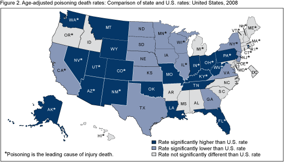 Figure 2 is a United States map comparing state-specific, age-adjusted poisoning death rates to the U.S. age-adjusted poisoning death rate in 2008.
