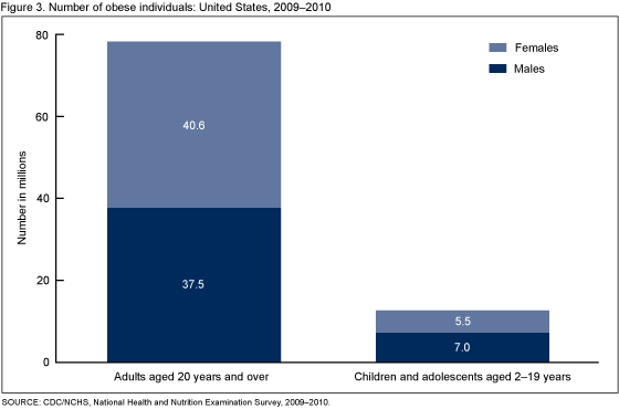 Figure 3 is a bar chart showing the number of obese adults aged 20 and over and the number of obese children and adolescents aged 2–19 years in the United States in 2009–2010.