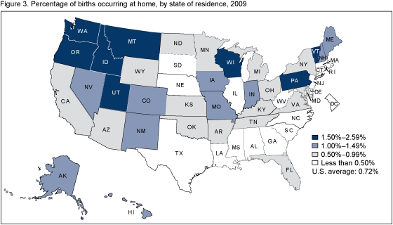 Figure 3 is a map showing the percentage of home births by state in 2009.