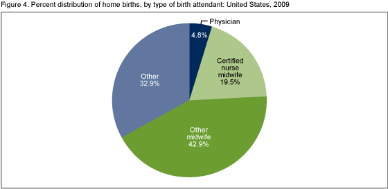 Figure 4 is a pie chart showing the percent distribution of home births by birth attendant for the United States in 2009.