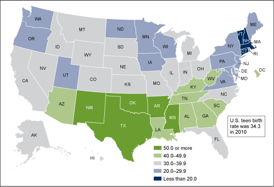 Figure 6 is a map of the birth rate for teenagers aged 15–19 by state in 2010.
