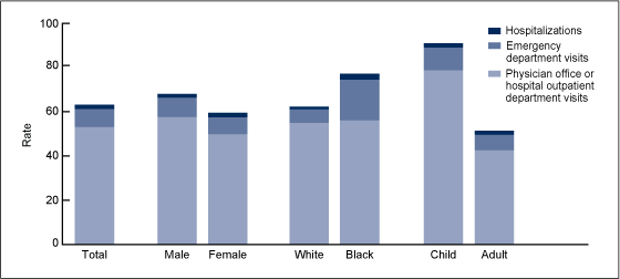 Figure 4 is a stacked bar chart showing asthma health care encounter rates per 100 persons with asthma in primary care settings, emergency departments, and hospitals by sex, race, and age group for the 3-year period 2007–2009.