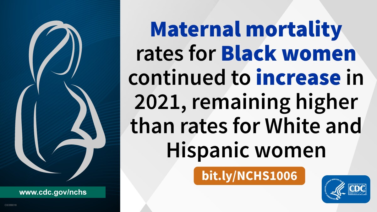 The image shows the silhouette of a pregnant woman on the left side and states that the maternal mortality rates for black women continued to increase in 2021, remaining higher than rates for White and Hispanic women.