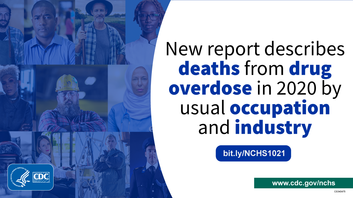 The image shows people of various occupations and the text, &ldquo;New report describes deaths from drug overdose in 2020 by usual occupation and industry.&rdquo;
