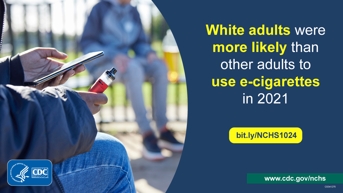 A person is sitting on a bench with a smart phone in one hand and an electronic cigarette in the other. The text says, &ldquo;White adults were more likely than other adults to use e-cigarettes in 2021.