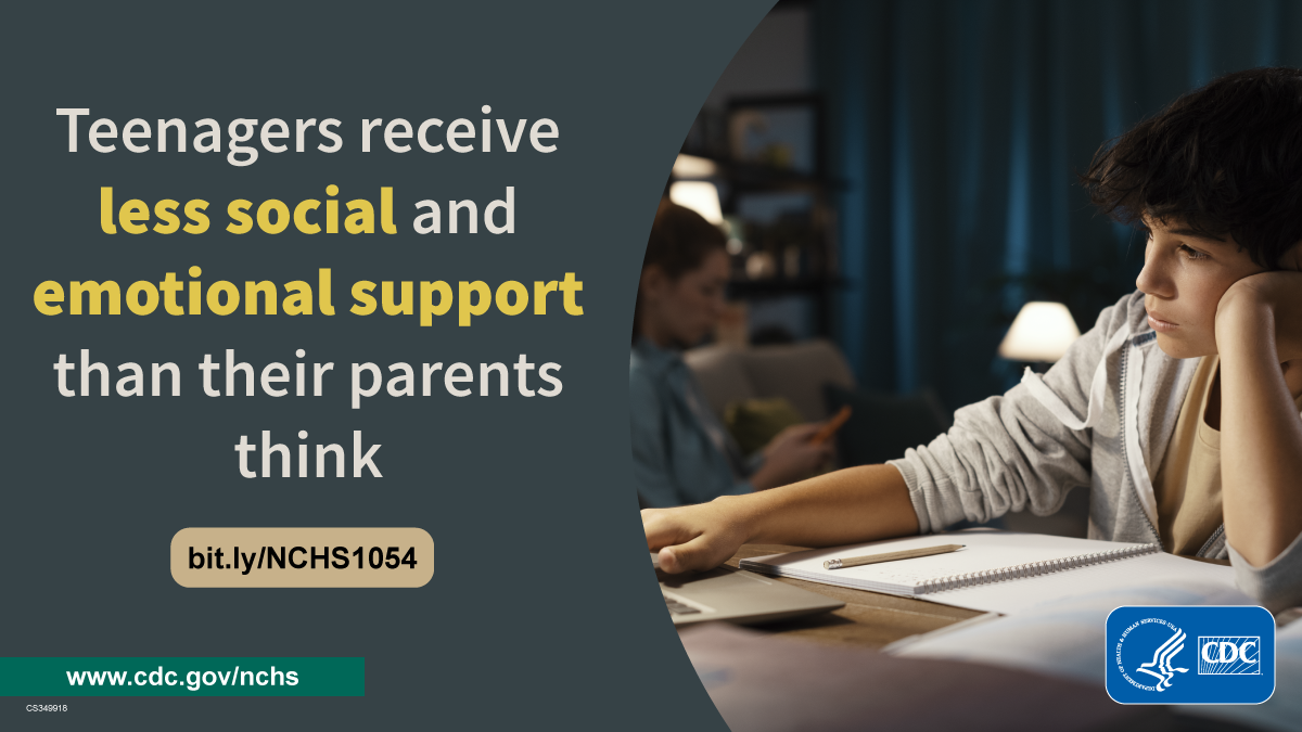 A teen boy studies while a woman looks at her phone. Teenagers receive less social and emotional support than their parents think.