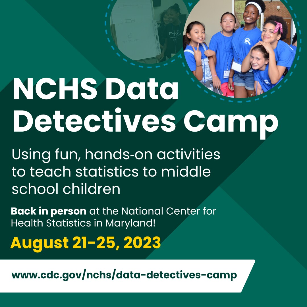 NCHS Data Detectives Camp. Using fun, hands-on activities to teach statistics to middle school children. Back in person at he National Center for Health Statistics in Maryland. August 21-25, 2023