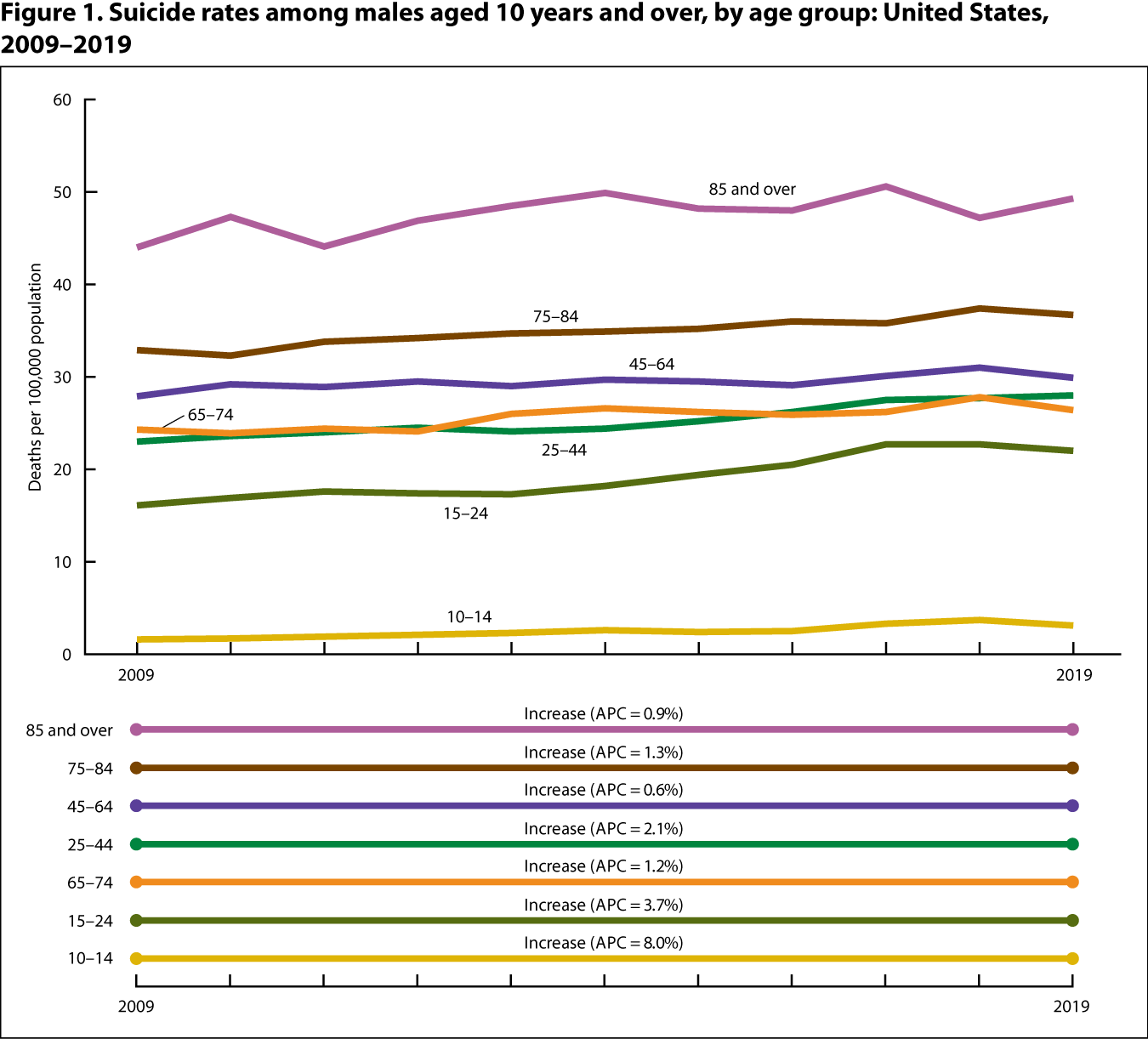 Figure 1 is a line graph showing suicide rates (deaths per 100,000 population) among males aged 10 years and over by age group for 2009 through 2019.