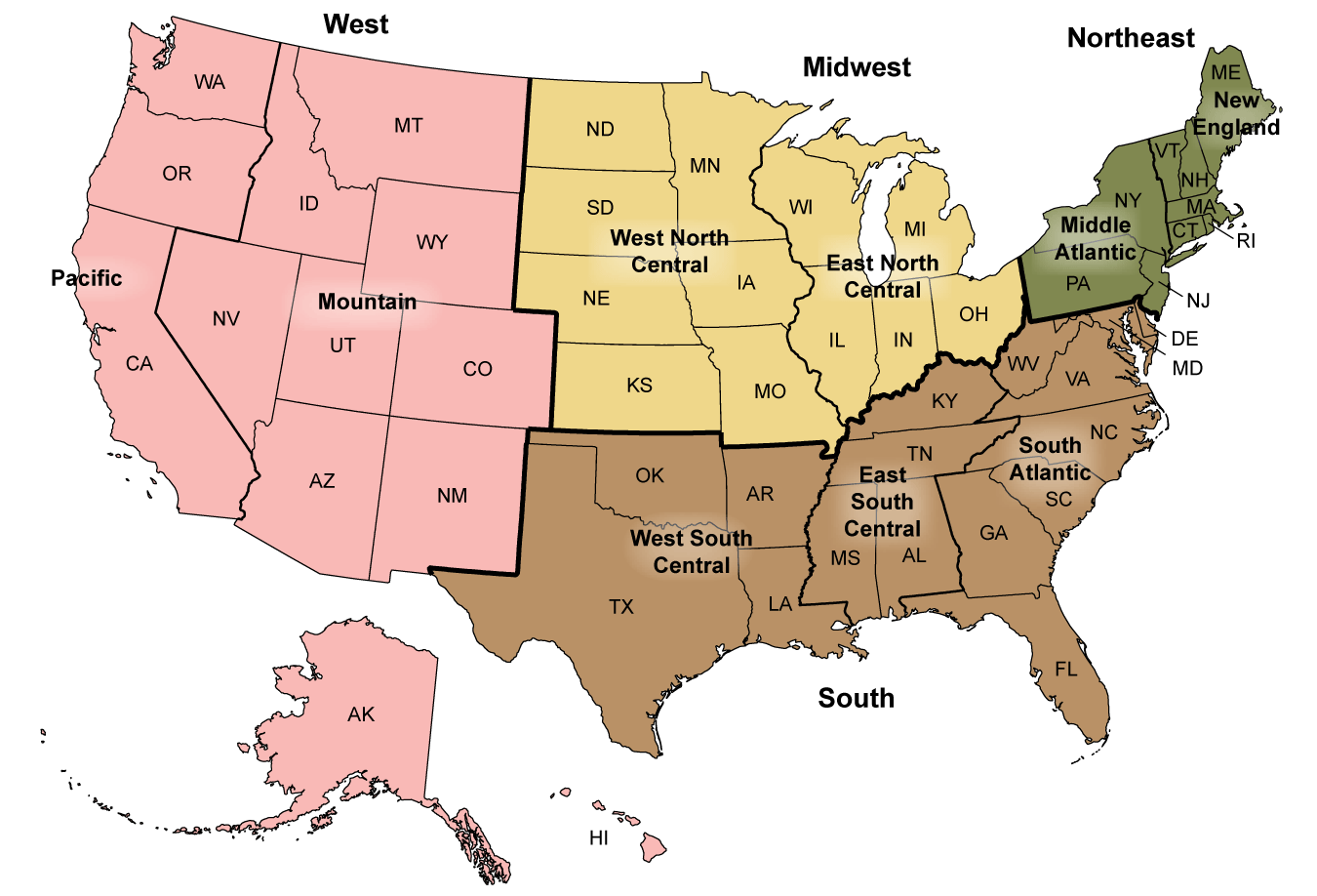 Figure is a map of the United States showing the U.S. Census Bureau’s four geographic regions (Northeast, Midwest, South, and West) and nine divisions (New England, Middle Atlantic, South Atlantic, East South Central, West South Central, East North Central, West North Central, Mountain, and Pacific).