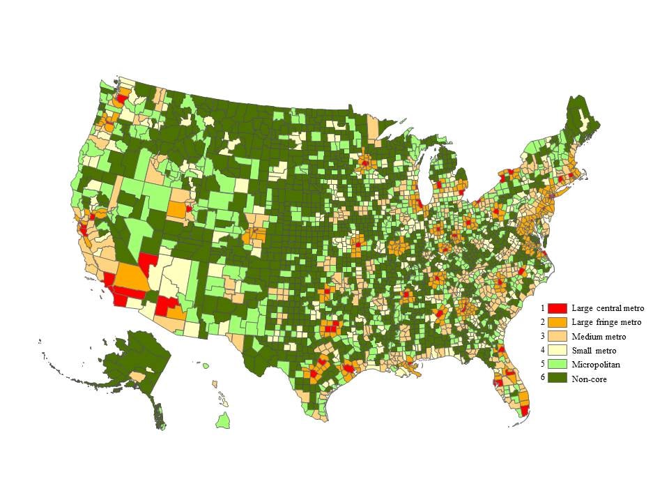 This map shows all U.S. counties and their classification under the 2013 NCHS Urban-Rural Classification Scheme for Counties. Large central metro counties are red, large fringe metro counties are orange, medium metro counties are yellow, small metro counties are white, micropolitan counties are light green, and noncore counties are dark green. The map illustrates that the eastern half of the United States is more densely settled than the western half. It also illustrates differences in county size, smaller counties east of the Mississippi river and larger counties west  of the river.