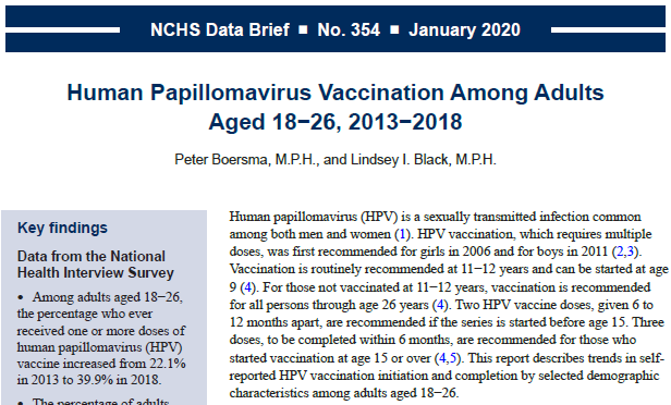 Cropped cover of NCHS Data Brief 354, Human Papillomavirus Vaccination Among Adults Aged 18&minus;26, 2013&minus;2018