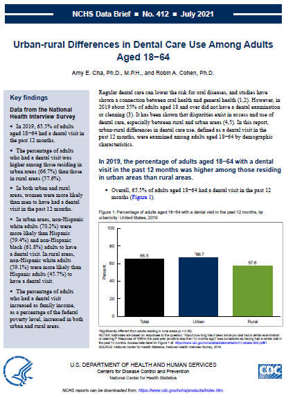 Cover of NCHS Data Brief: Urban-rural Differences in Dental Care Use Among Adults Aged 18&ndash;64