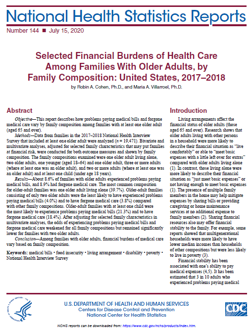 Screen shot of cover page of report: Selected Financial Burdens of Health Care Among Families With Older Adults, by Family Composition: United States, 2017&ndash;2018
