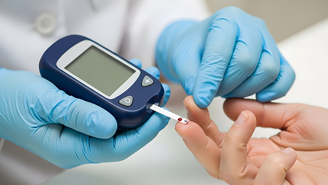 Person's finger being pricked for a blood glucose check by a health care provider wearing gloves.