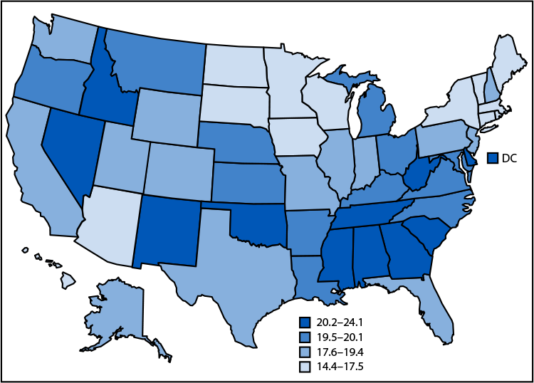 Age-Adjusted Female Breast Cancer Death Rates by State &mdash; United States, 2024.