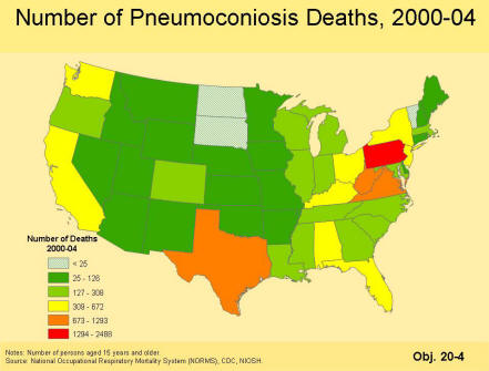 A picture of a map that contains the number of pneumoconiosis deaths for the period 2000 to 2004 by state as a color coded map with six categories of number of deaths.