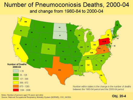 A picture of a map that contains the number of pneumoconiosis deaths for the period 2000 to 2004 by state as a color coded map with six categories of number of deaths and has the change in the number of deaths by state between the 1980 and 1984 period and the 2000 to 2004 period.