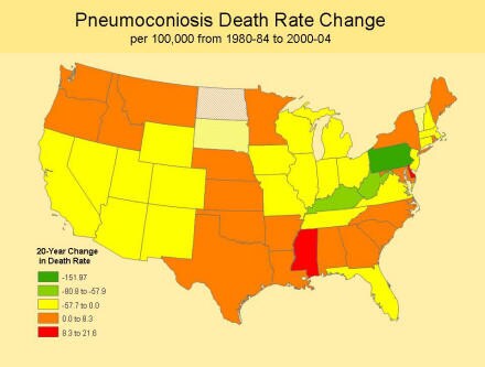 A picture of a map showing the pneumoconiosis death rate change in the last 20 years.  The chart shows that about half the states have show an increase in the pneumoconiosis death rate.