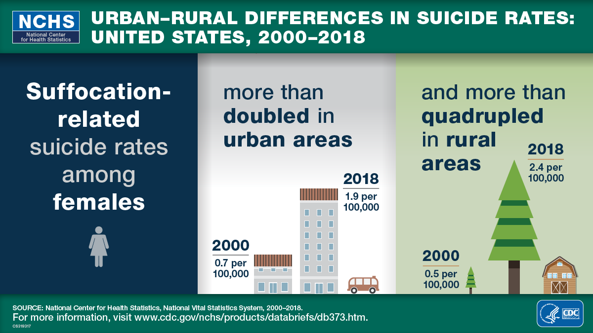 This image is a visual abstract that shows that suffocation-related suicide rates among females in the United States more than doubled in urban areas and more than quadrupled in rural areas from 2000 through 2018.