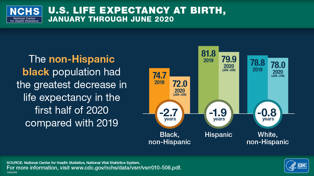 This visual abstract shows that the non-Hispanic black population had the greatest decrease in life expectancy in the first half of 2020 compared with 2019.