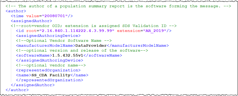 An example of the XML coding of the author field for AR CDA files