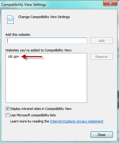 Screenshot of adding cdc.gov as trusted site for Compatibility View Settings in Internet Explorer