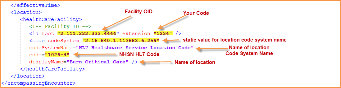 Screenshot of sample xml showing location information