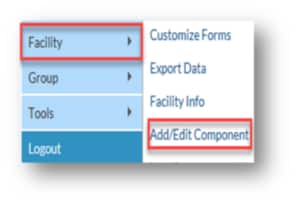 NHSN Application Facility tab. Add and edit component navigation tab