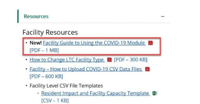 COVID-19 LTCF Module website. Facility Resources, Facility Guide location