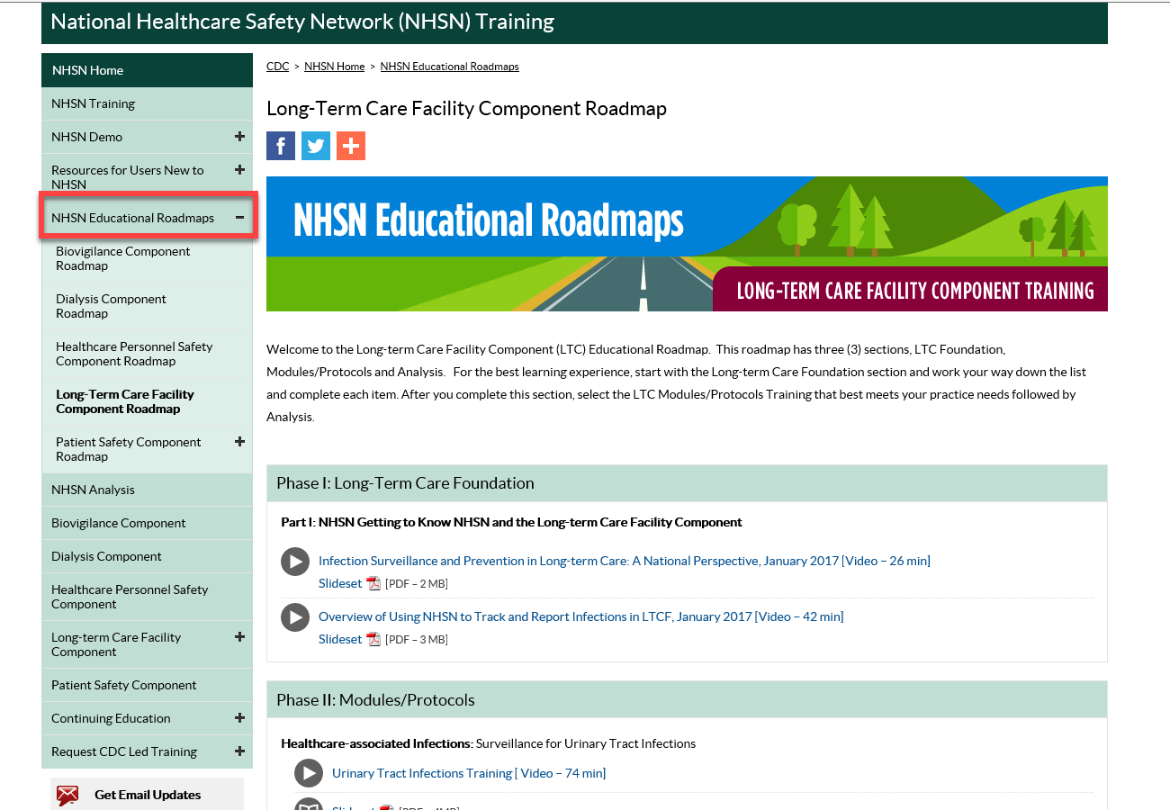 nhsn ltcf educational roadmap home page