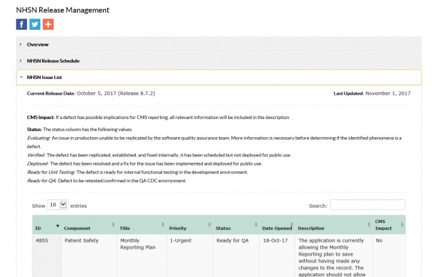 NHSN Release management webpage