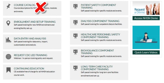 NHSN training webpage showing removal of Course Catalog