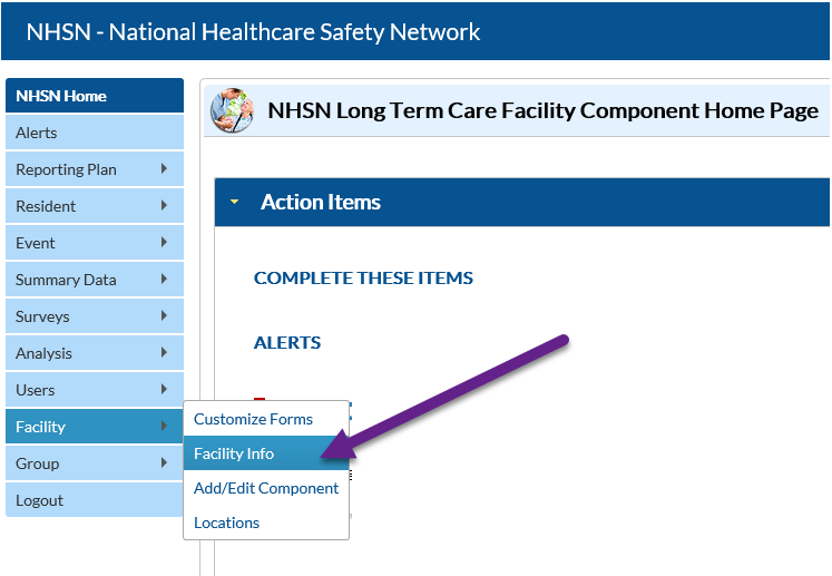 NHSN application homepage with facility info highlighted
