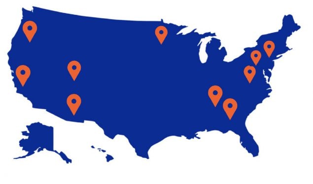 Map of nursing home facilities in the United States with pins placed on California, Colorado, Connecticut, Georgia, Maryland, Minnesota, New York, Tennessee, and Oregon.