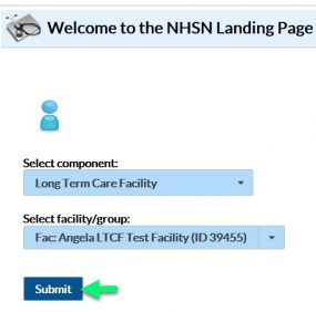 NHSN welcome landing page, long-term care facility highlighted. press submit