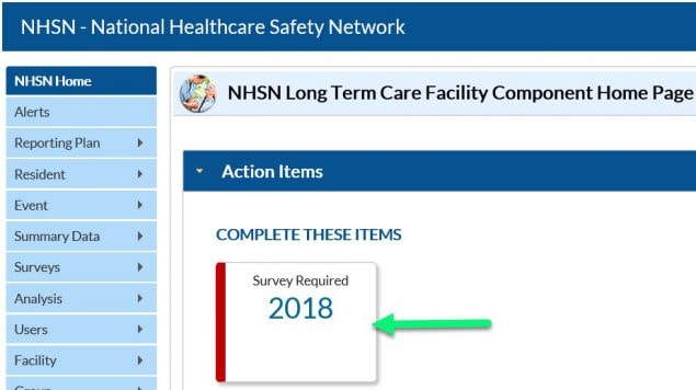 NHSN long-term care facility component home page with action items highlighted