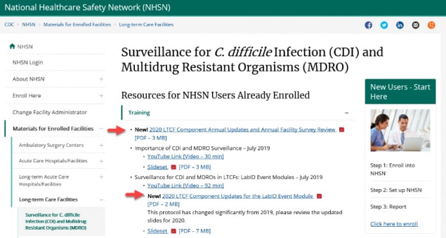 NHSN LTCF component page, surveillance for CDI and MDRO module page highlighting two new documents.